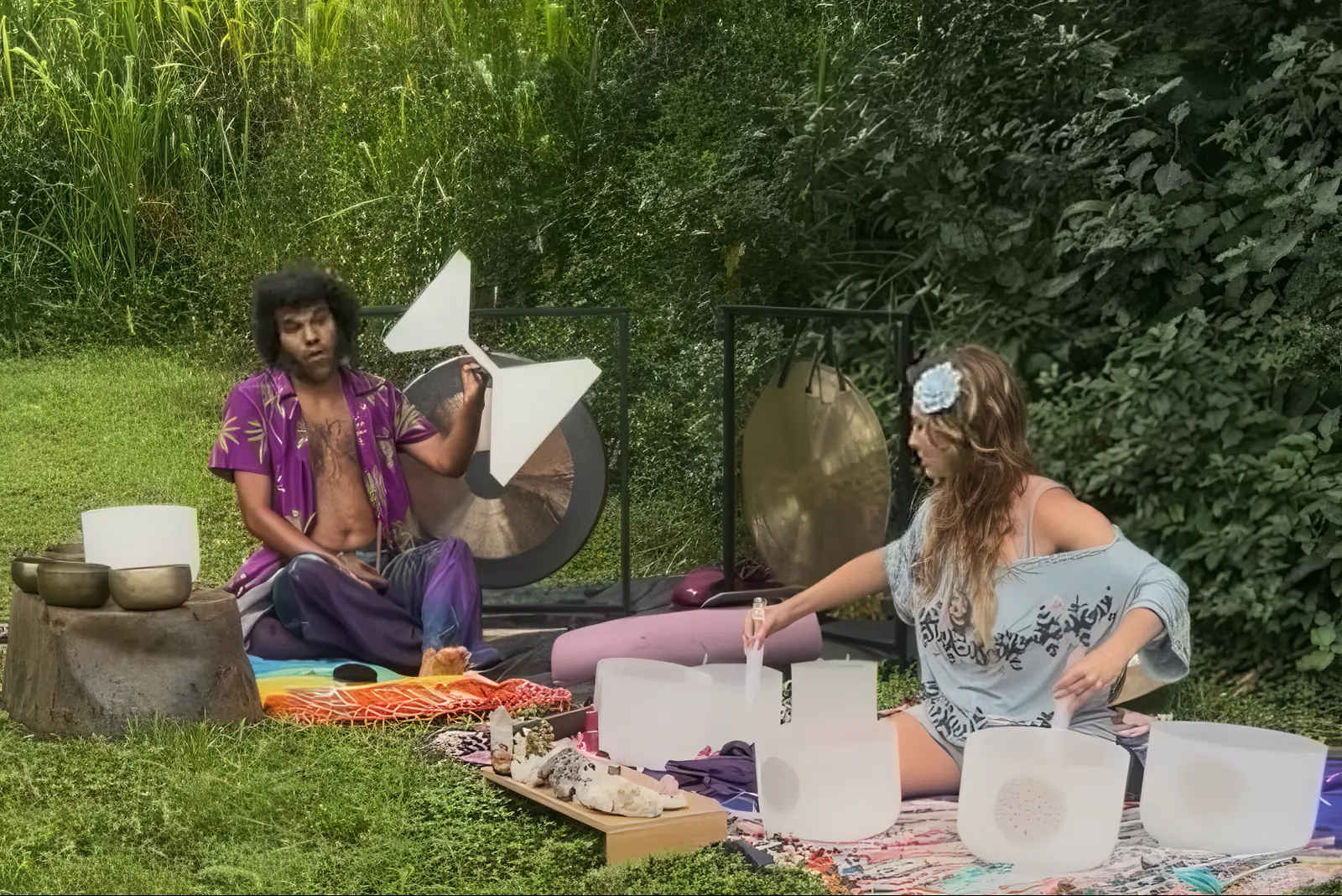 Jīvā and Gia playing two gongs and frosted crystal singing bowls on a garden lawn.